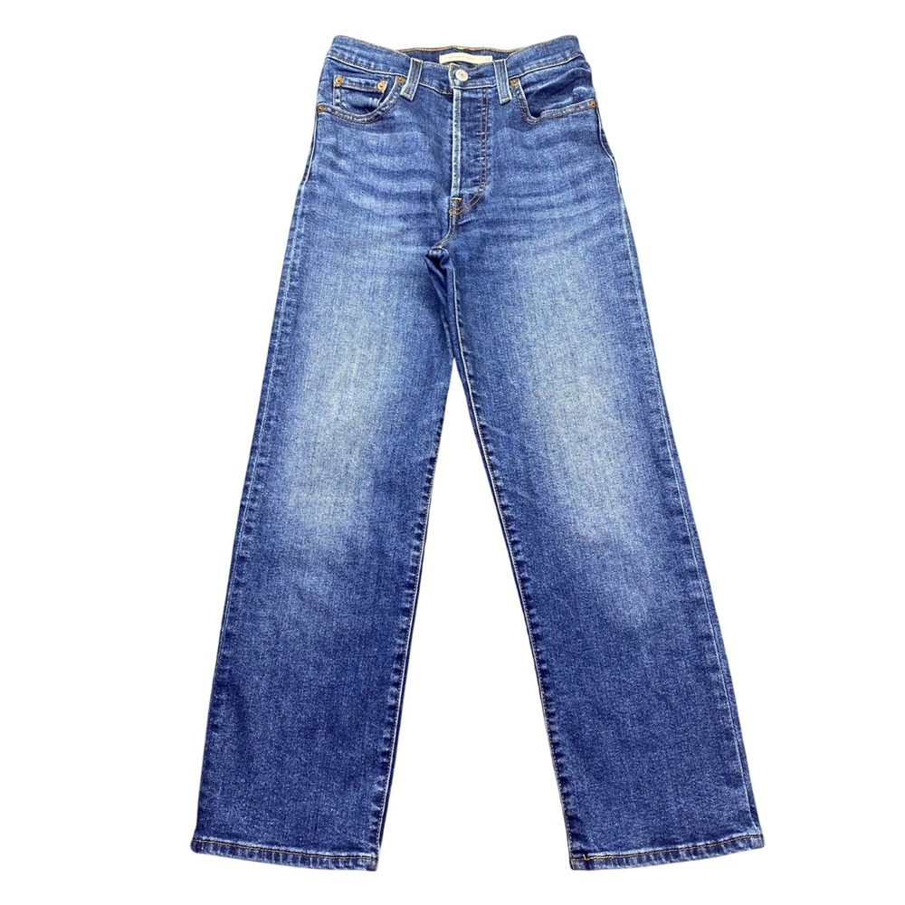 Levis Ribcage Straight Jeans Medium Wash High Rise Button Fly Size 25 Grunge